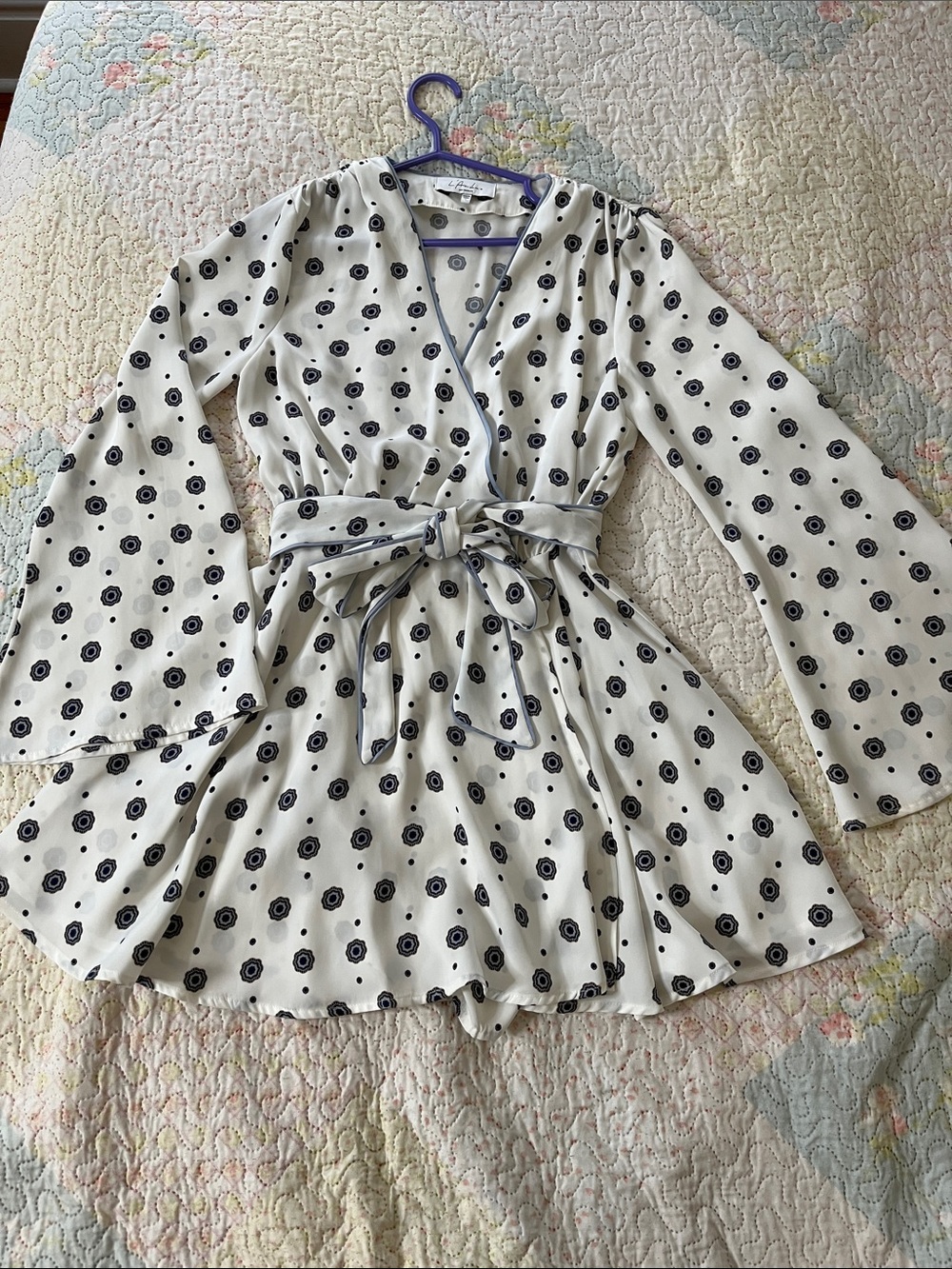 L'Academie White Mini Dress with Black Floral Dots Tie Waist